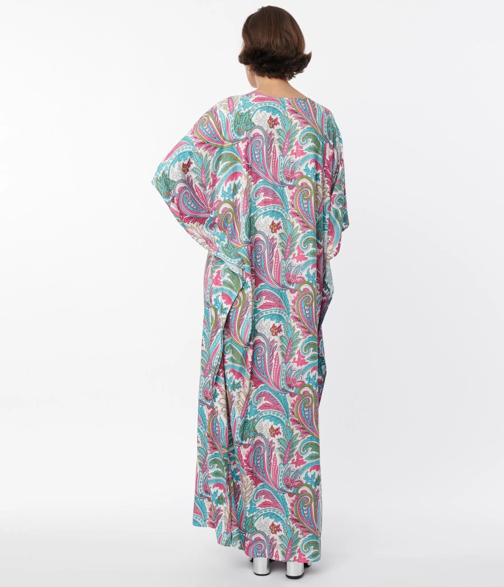 Vintage 1970s Pink Blue Paisley Print Bow Front Caftan