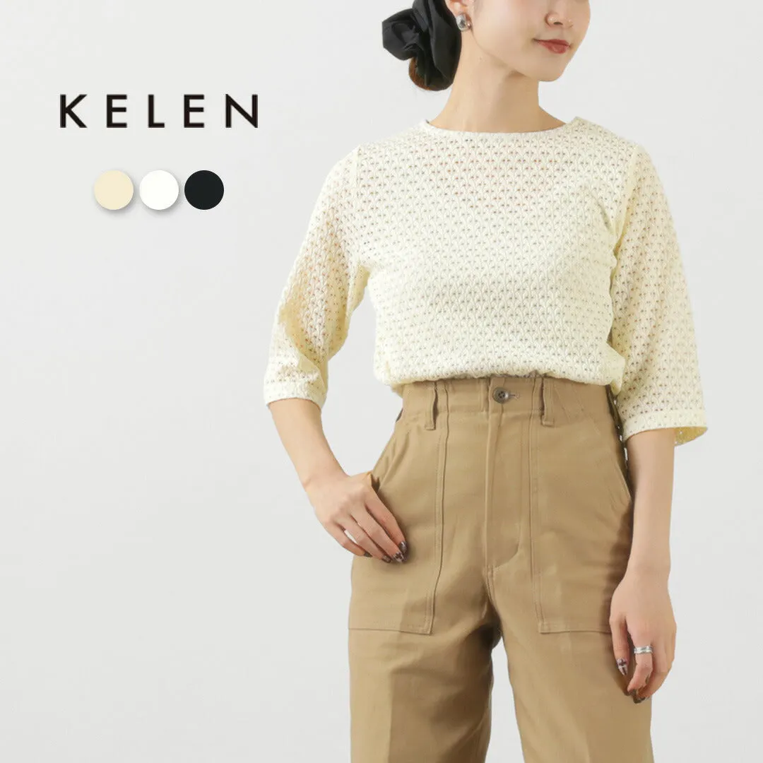 KELEN (ケレン) LICRY Lace Tops - Women's Formal Blouse with Round Neck and Three-Quarter Sleeves