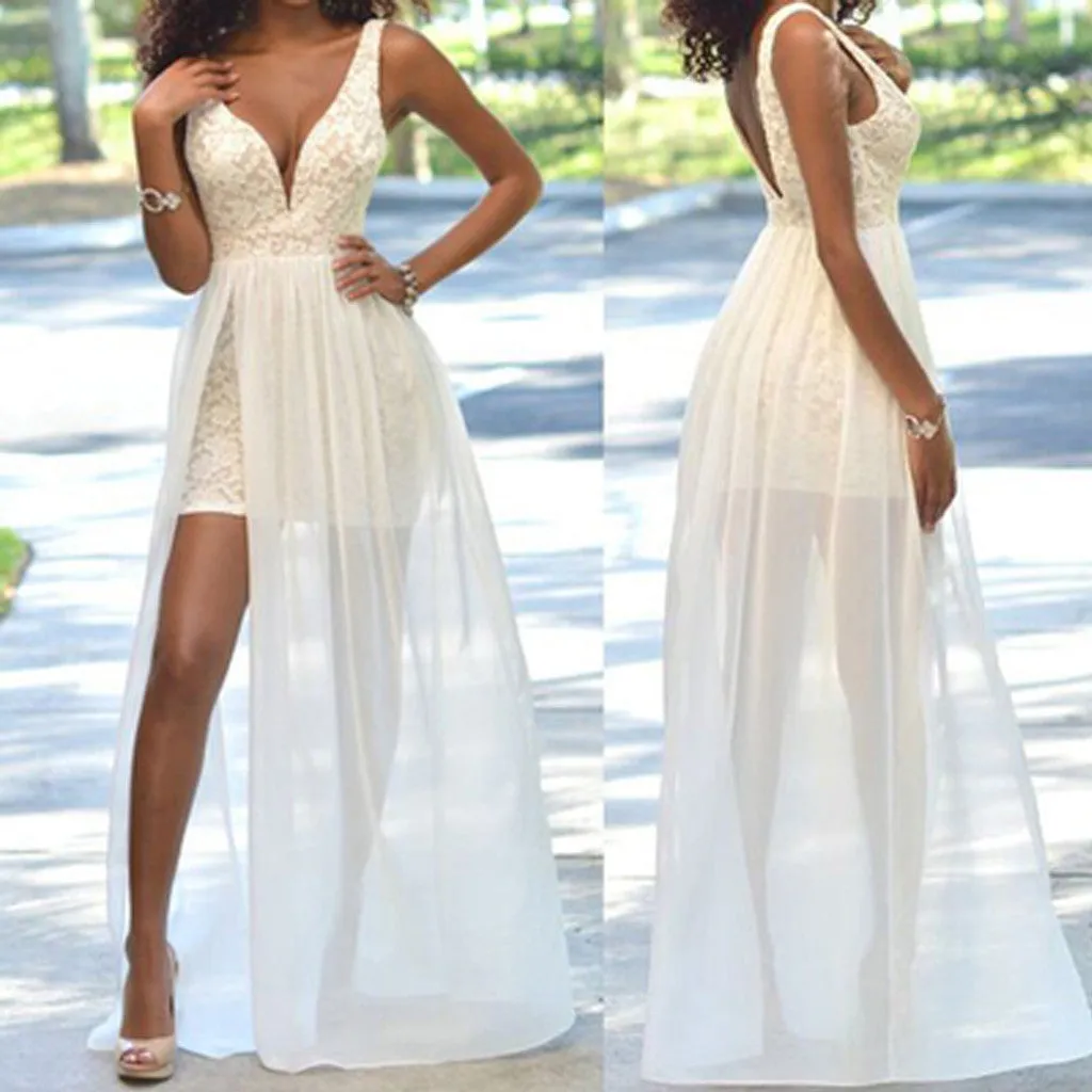 Affordable Ivory Lace Chiffon Wedding Party Dress with Side Slit