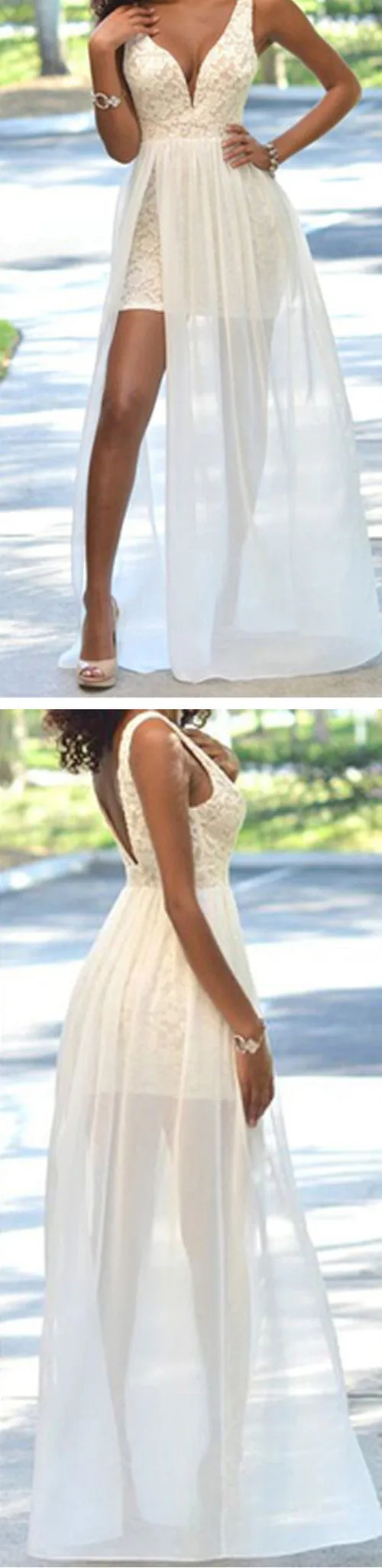 Affordable Ivory Lace Chiffon Wedding Party Dress with Side Slit