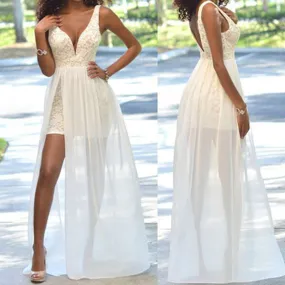 Affordable Ivory Lace Chiffon Wedding Party Dress with Side Slit