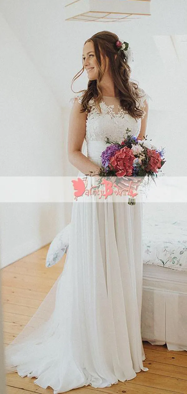 Affordable A-line Wedding Dress with Simple Round Neck, Cap Sleeve, and See-through Lace Top