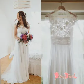 Affordable A-line Wedding Dress with Simple Round Neck, Cap Sleeve, and See-through Lace Top