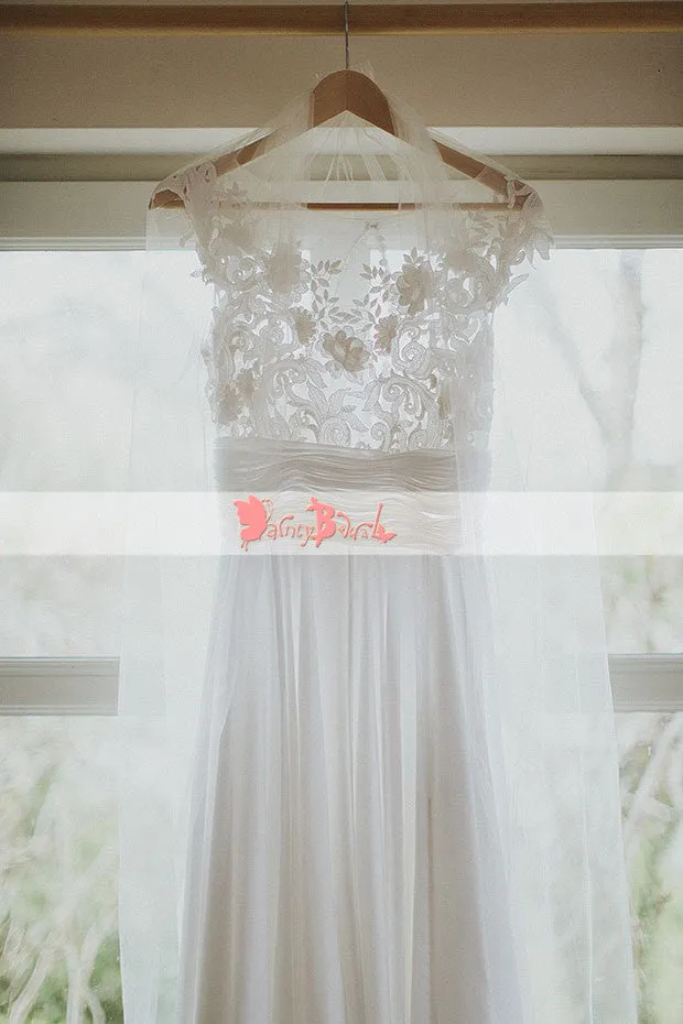 Affordable A-line Wedding Dress with Simple Round Neck, Cap Sleeve, and See-through Lace Top