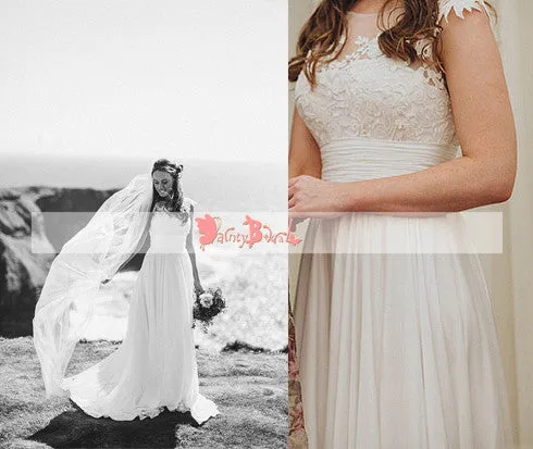 Affordable A-line Wedding Dress with Simple Round Neck, Cap Sleeve, and See-through Lace Top