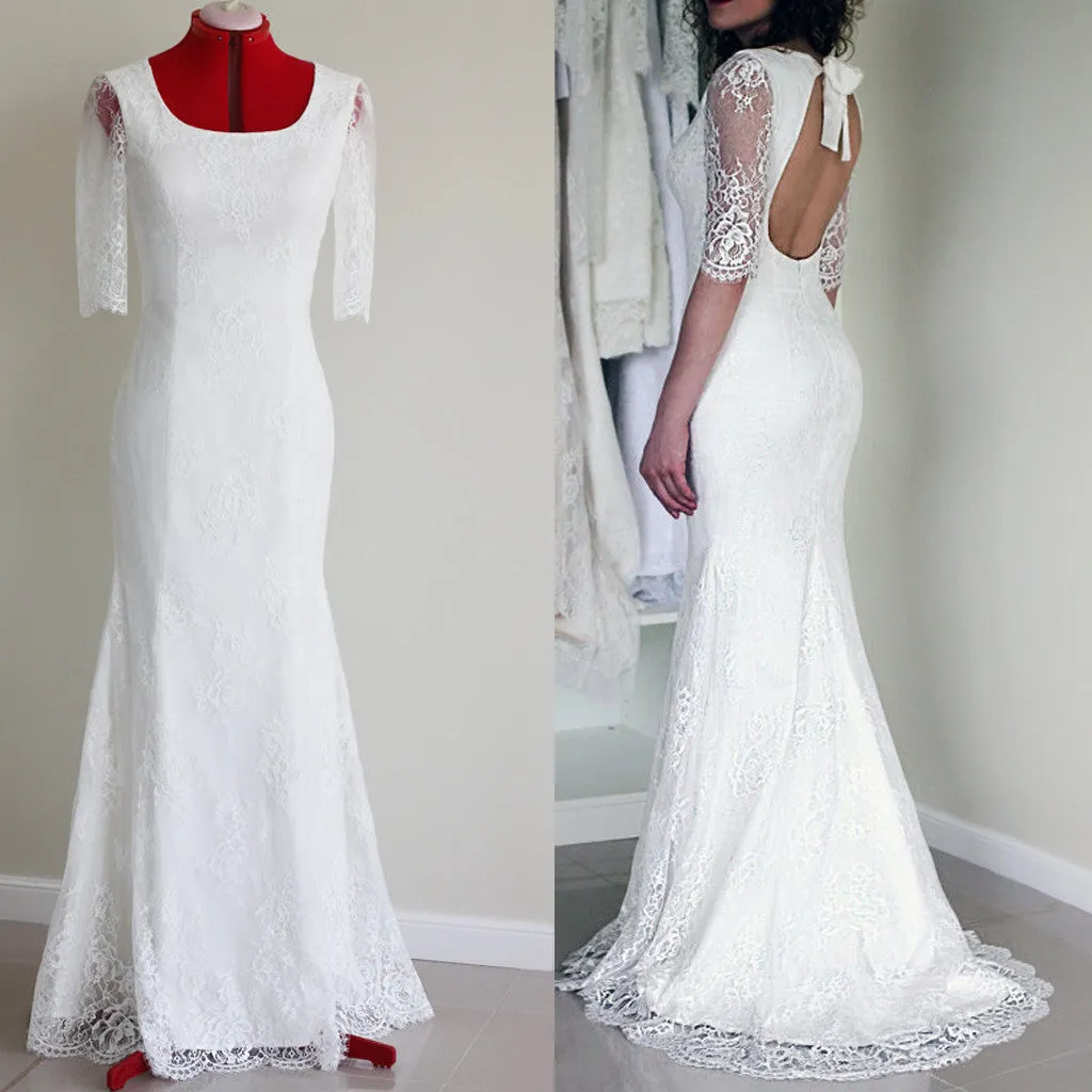 Sexy Half Sleeve Mermaid Wedding Party Gown with Scoop Neck and Open Back