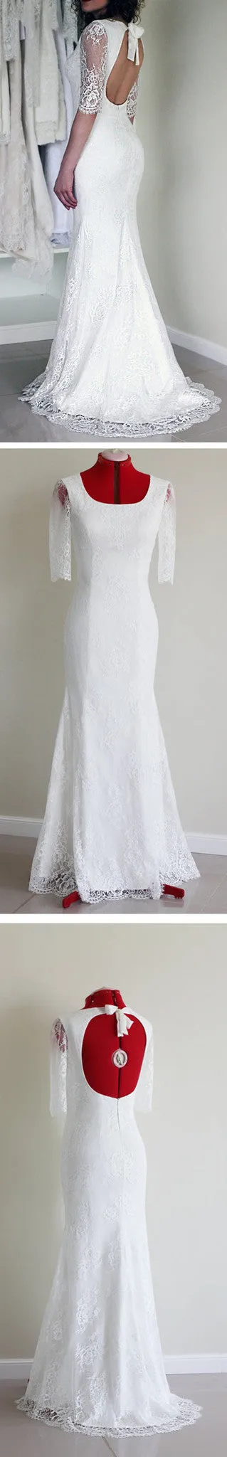 Sexy Half Sleeve Mermaid Wedding Party Gown with Scoop Neck and Open Back