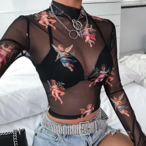 Angel Print Mesh Cropped T-Shirt for Women with Long Sleeves - Sexy and Slim Fit