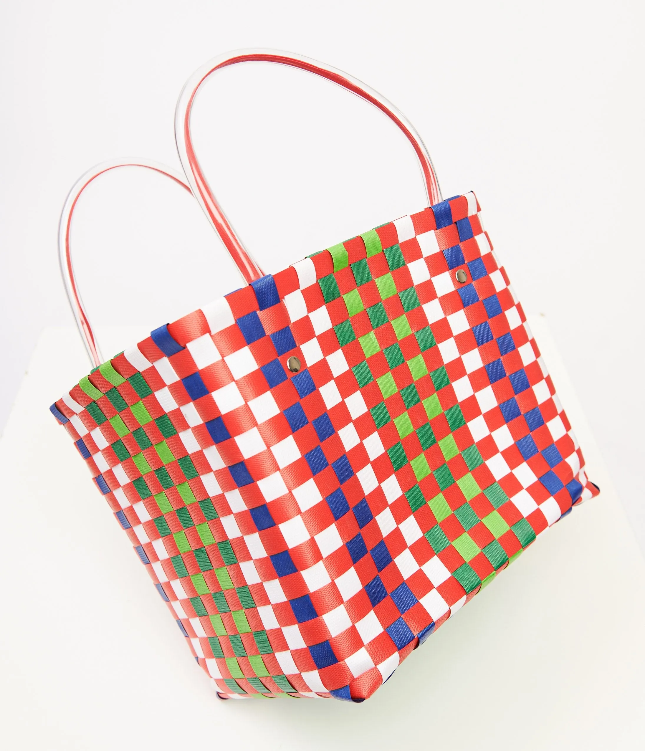 1970s Red Green Woven Basket Bag