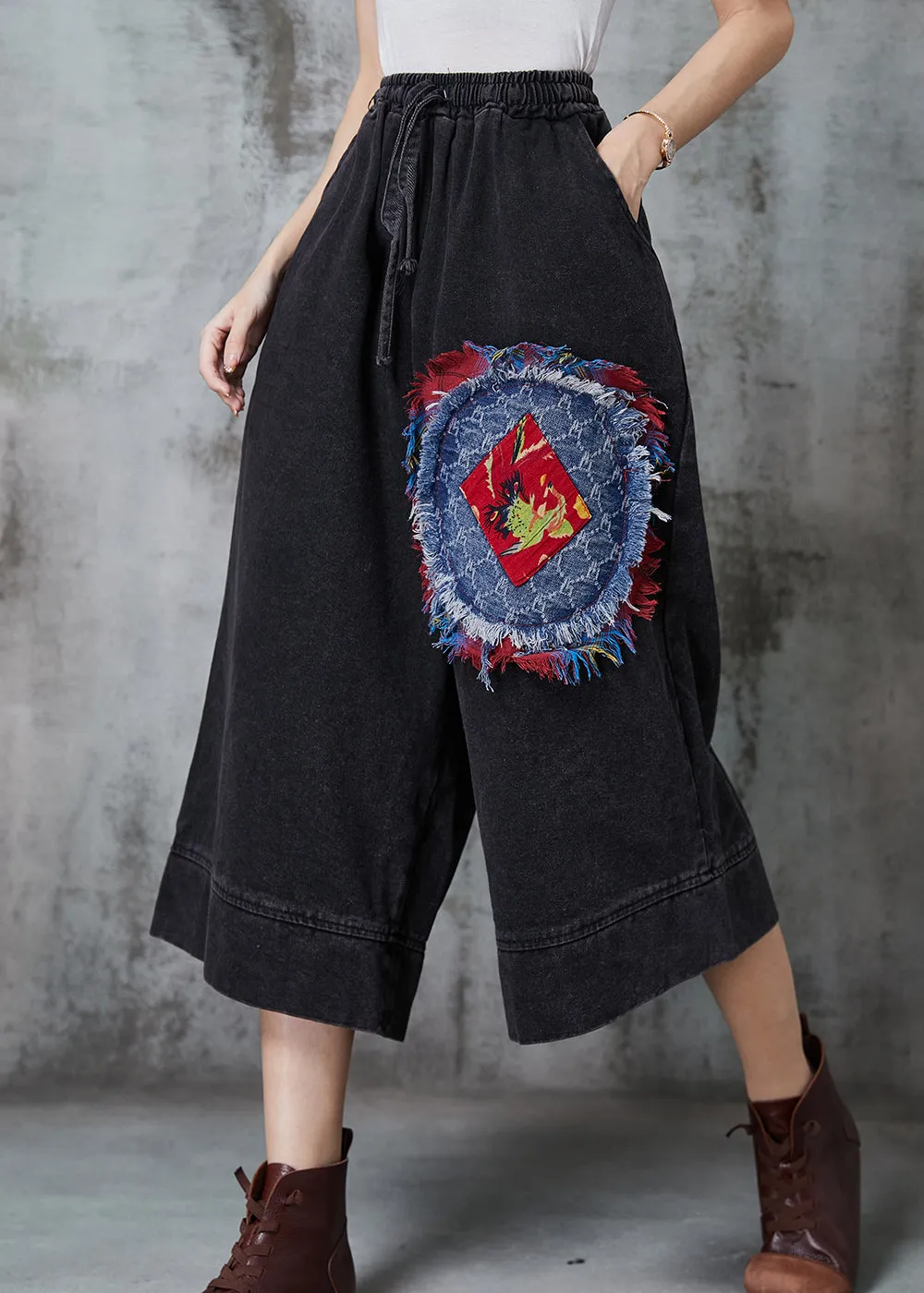 Art Black Wide Leg Pants Oversized Patchwork Denim Summer