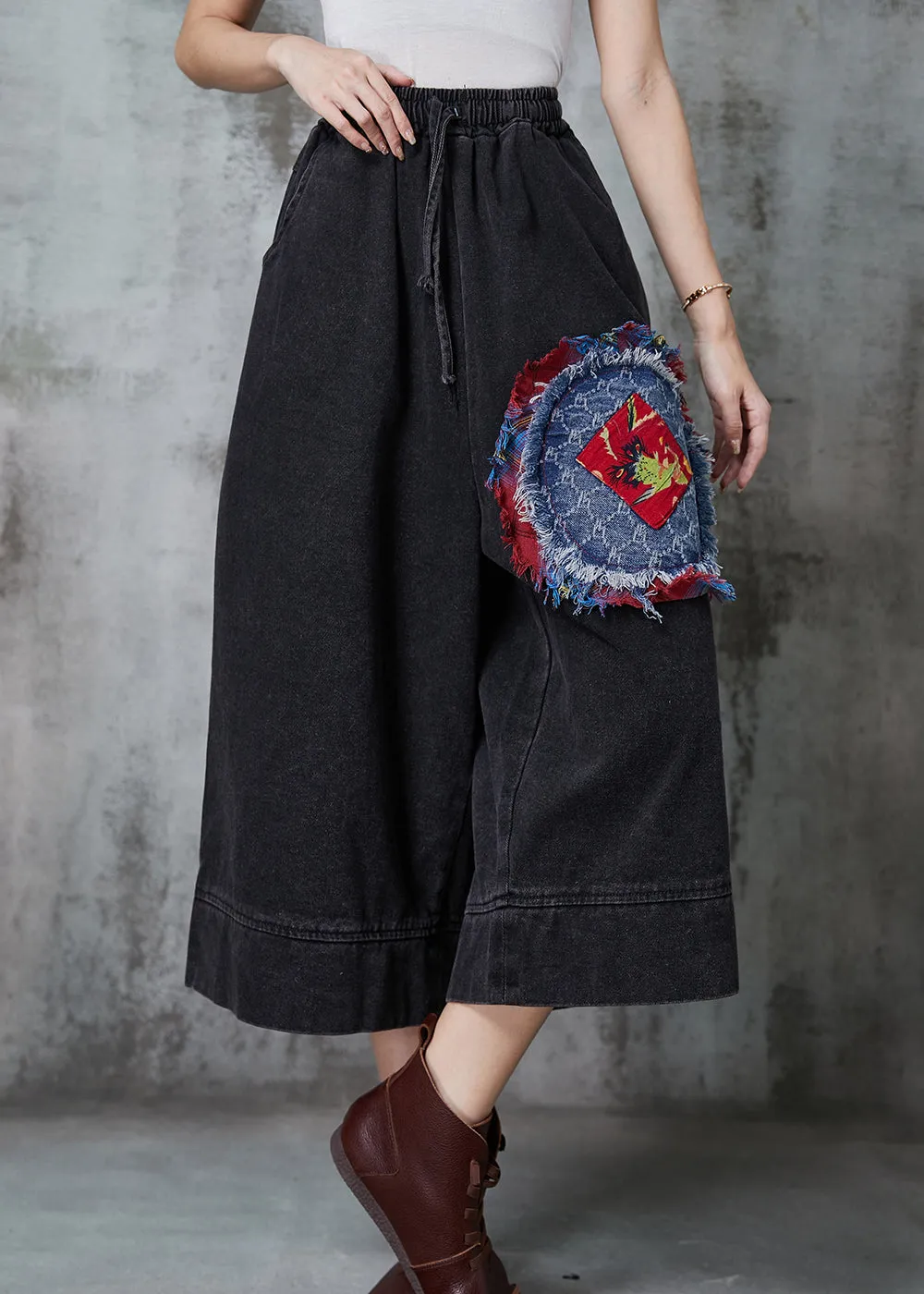 Art Black Wide Leg Pants Oversized Patchwork Denim Summer