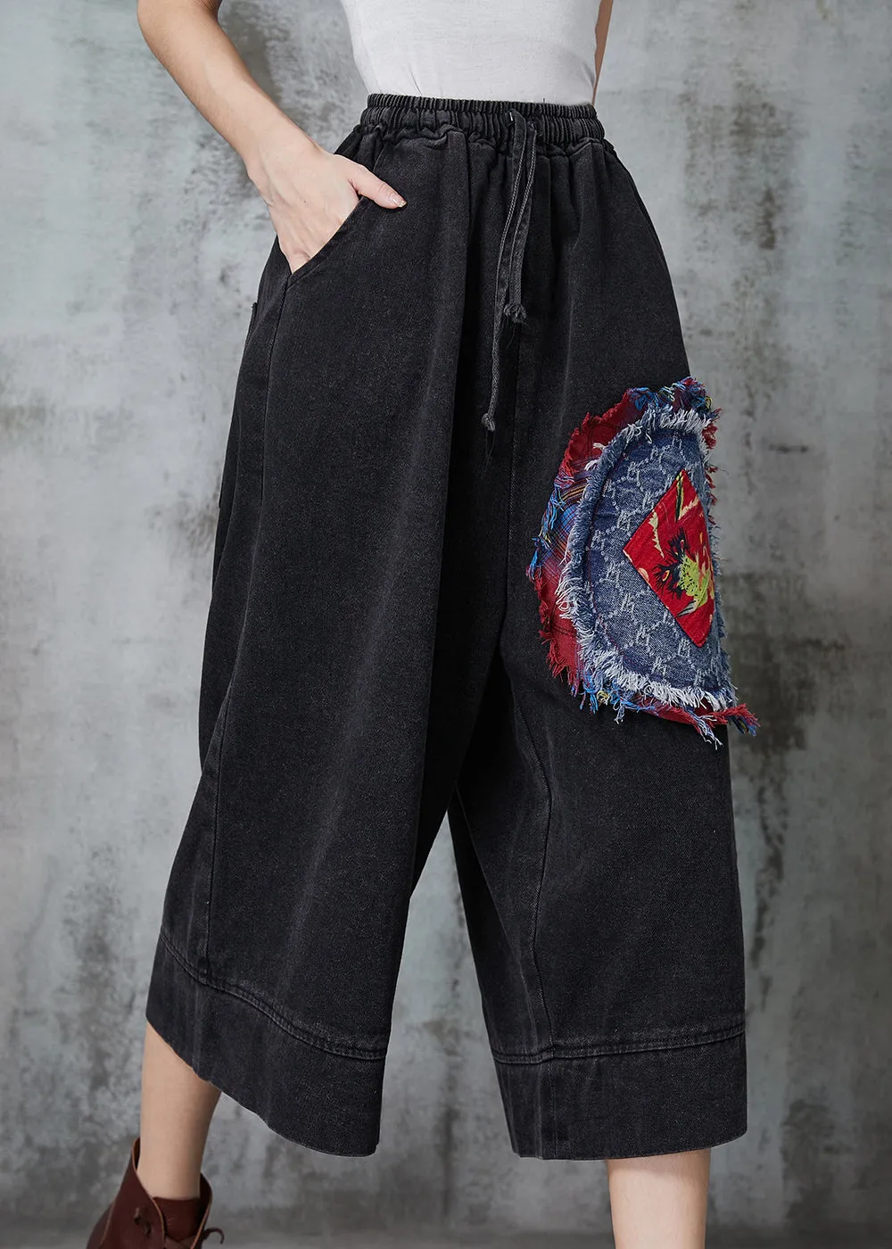 Art Black Wide Leg Pants Oversized Patchwork Denim Summer