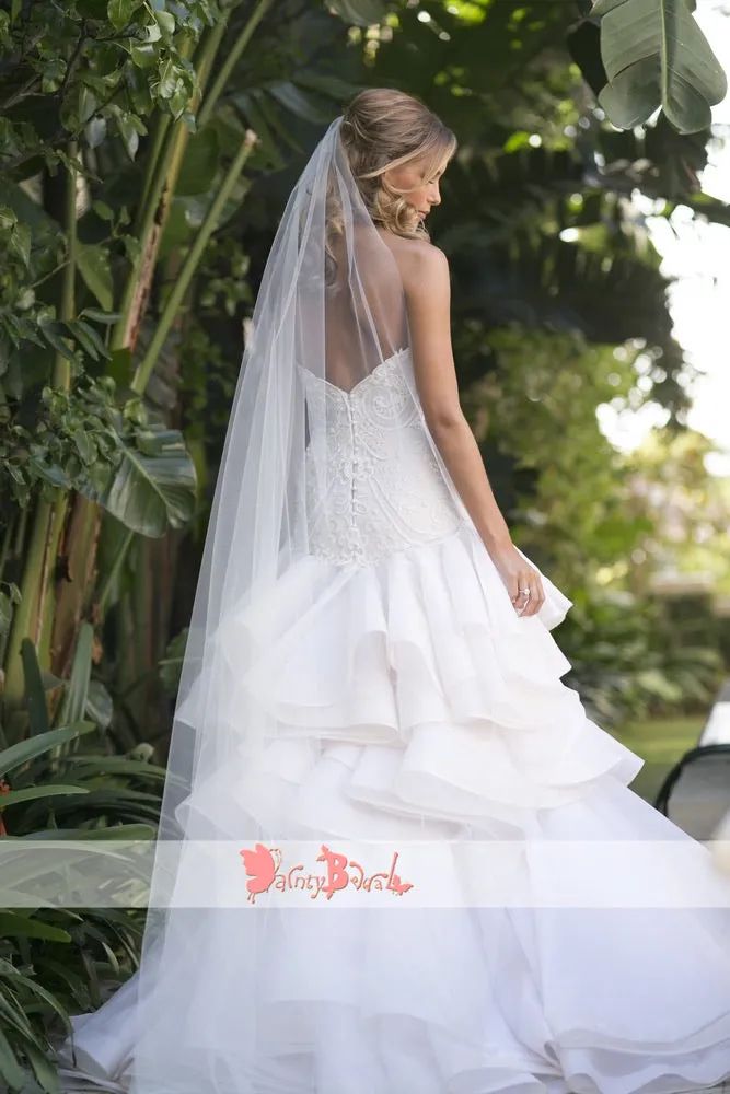 Beautiful Beaded Lace Sweetheart Strapless Ruffles Tiered Organza Bridal Gowns