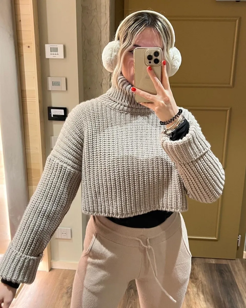 Beige High Neck Crop Sweater