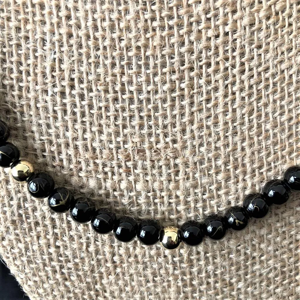 Black and Gold Striped Mens Beaded Necklace