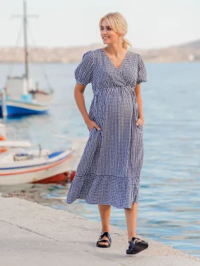 Black Gingham Print Maternity Midi Dress
