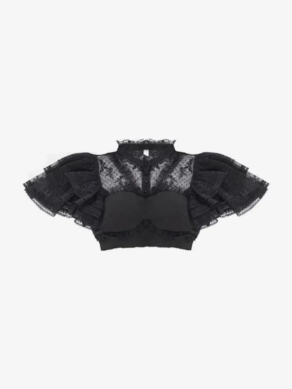 Black Gothic Lolita Blouse with Ruffled Lace Top