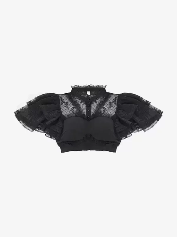 Black Gothic Lolita Blouse with Ruffled Lace Top