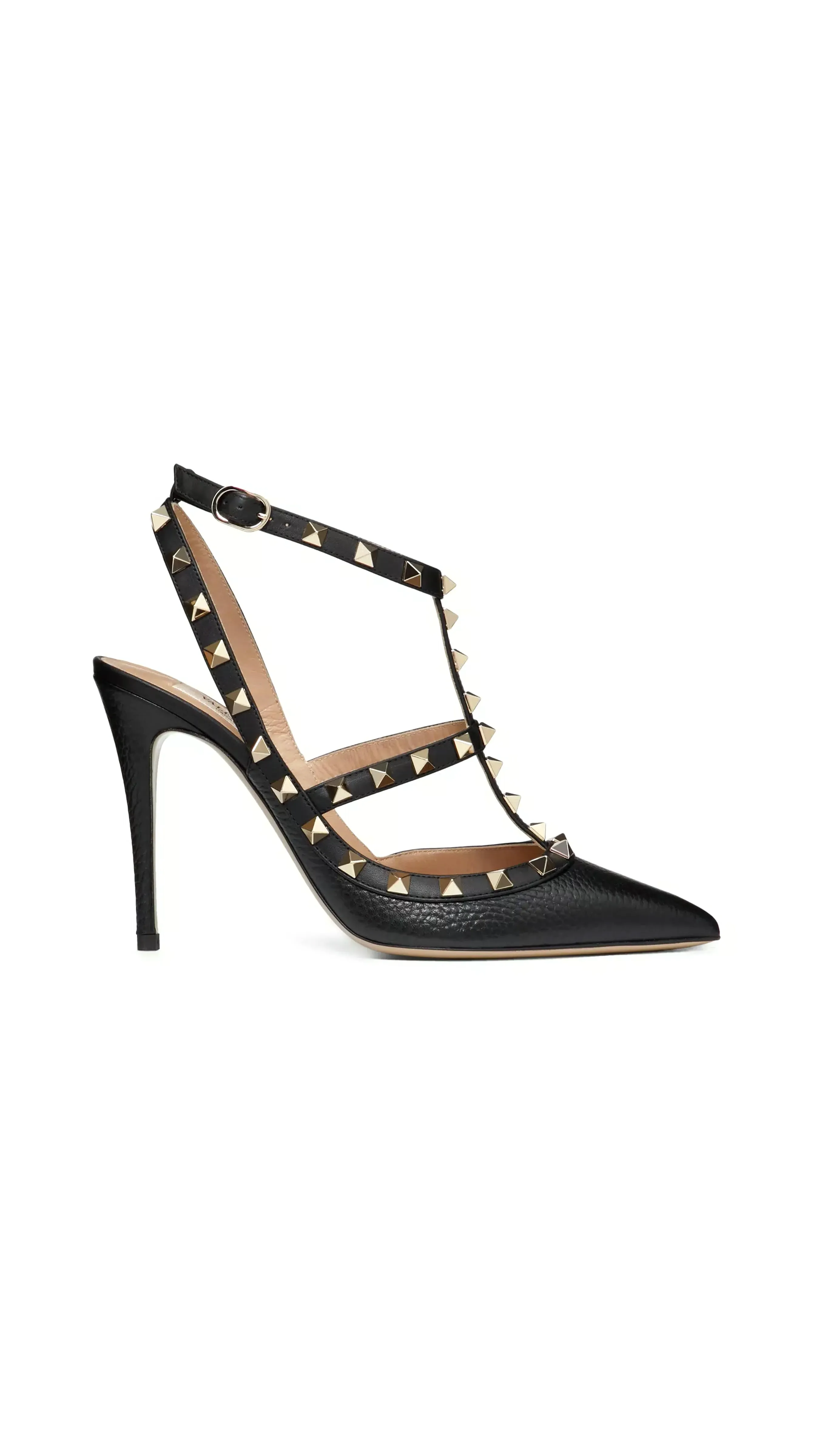 Black Rockstud Grainy Leather Ankle Strap Pump 100 MM