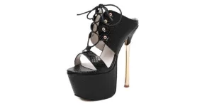 Black Lace Up Platforms Gold Stiletto High Heels Sandals Shoes