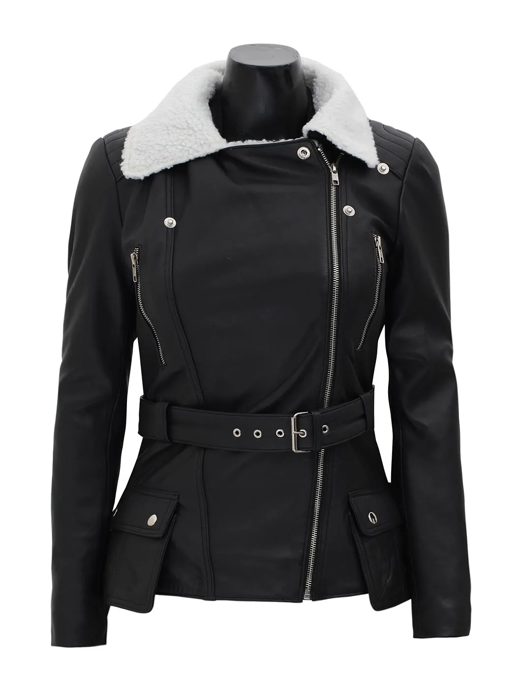 Black Leather Asymmetrical Jacket with Shearling Collar for Women