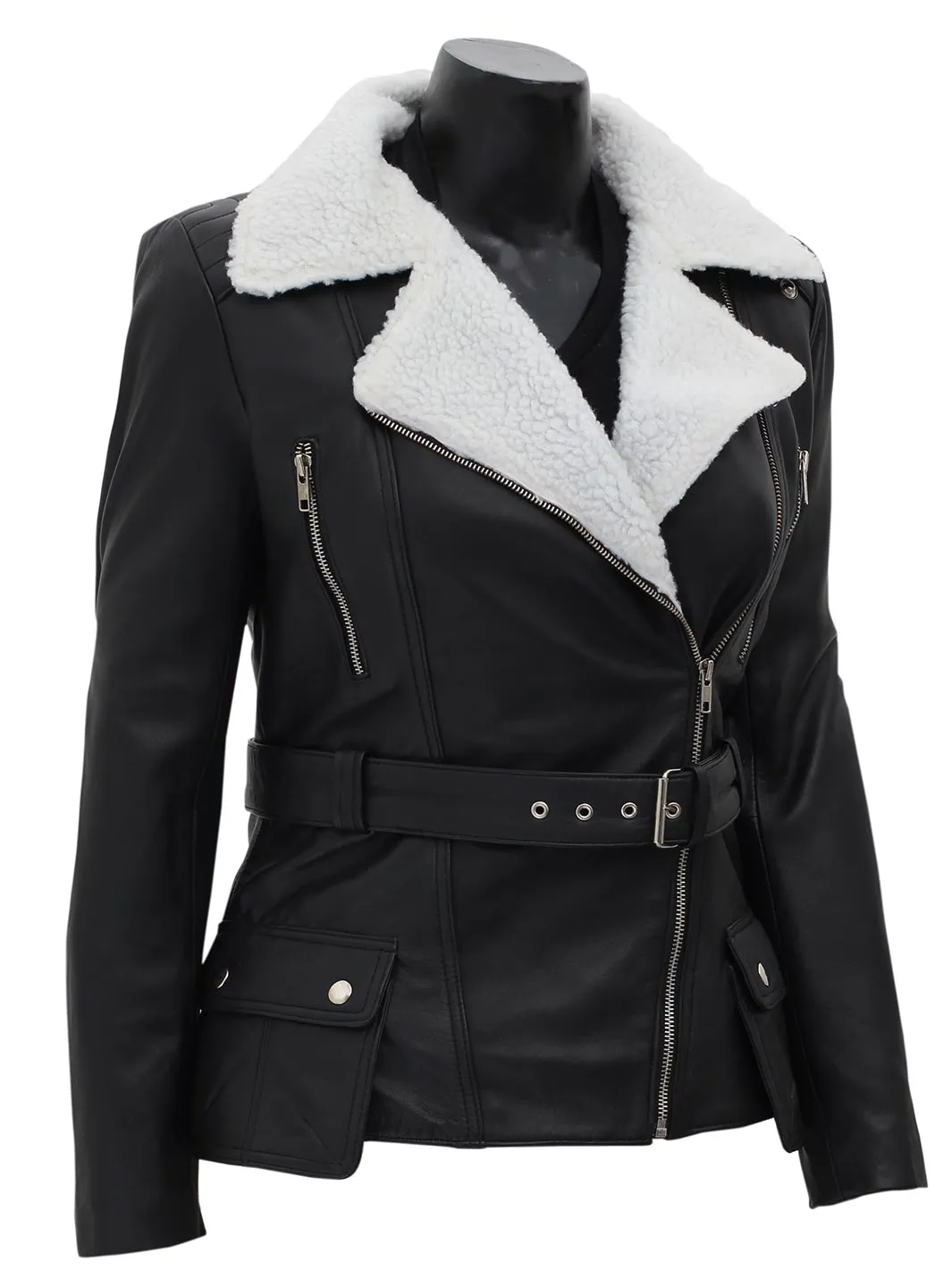 Black Leather Asymmetrical Jacket with Shearling Collar for Women