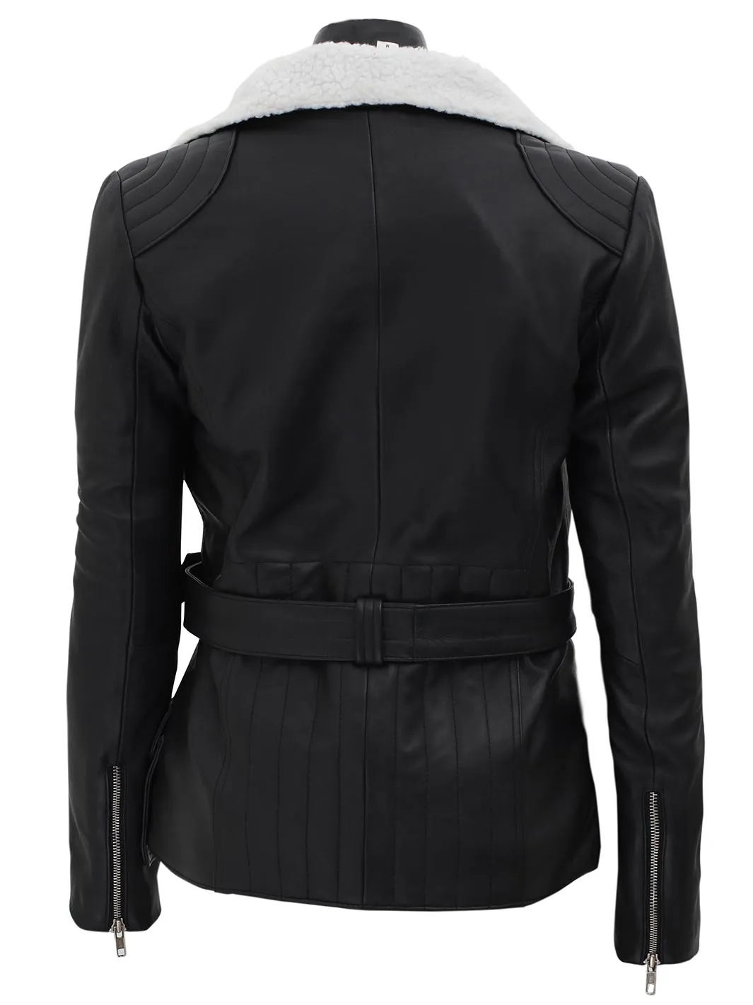 Black Leather Asymmetrical Jacket with Shearling Collar for Women