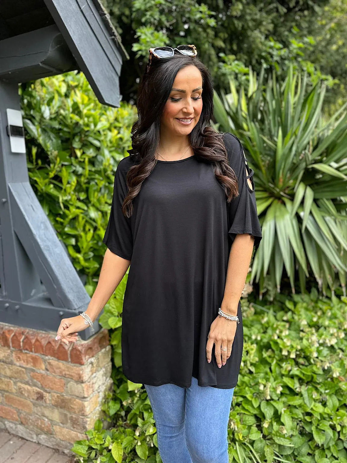 Amy Black Open Shoulder Cross Top