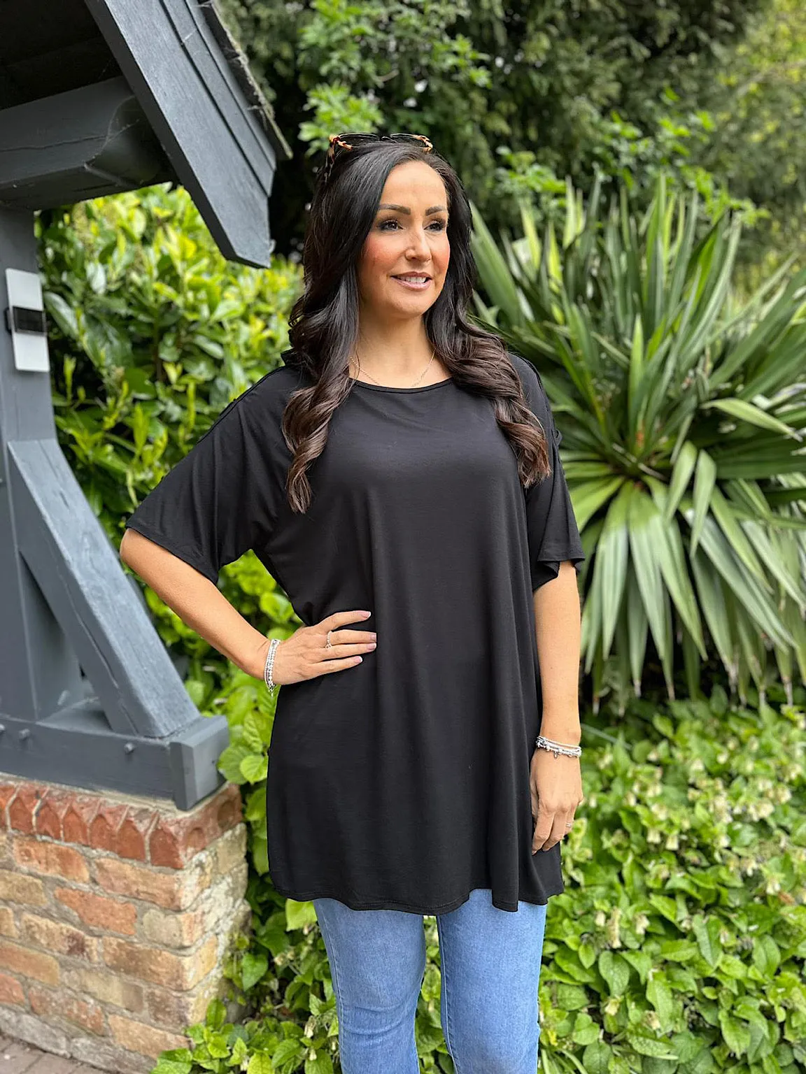 Amy Black Open Shoulder Cross Top