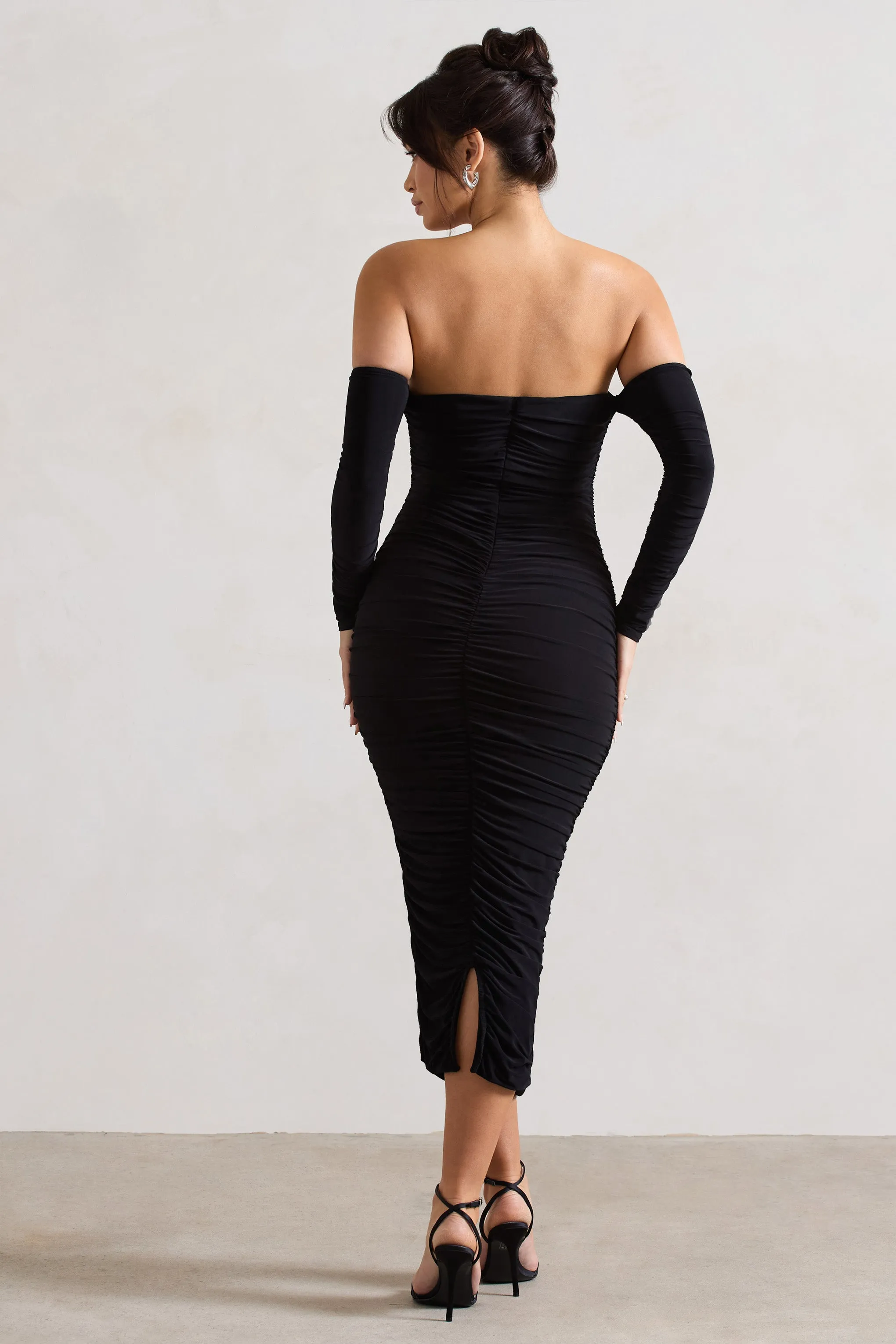 Anissa Black Ruched Bardot Midi Dress