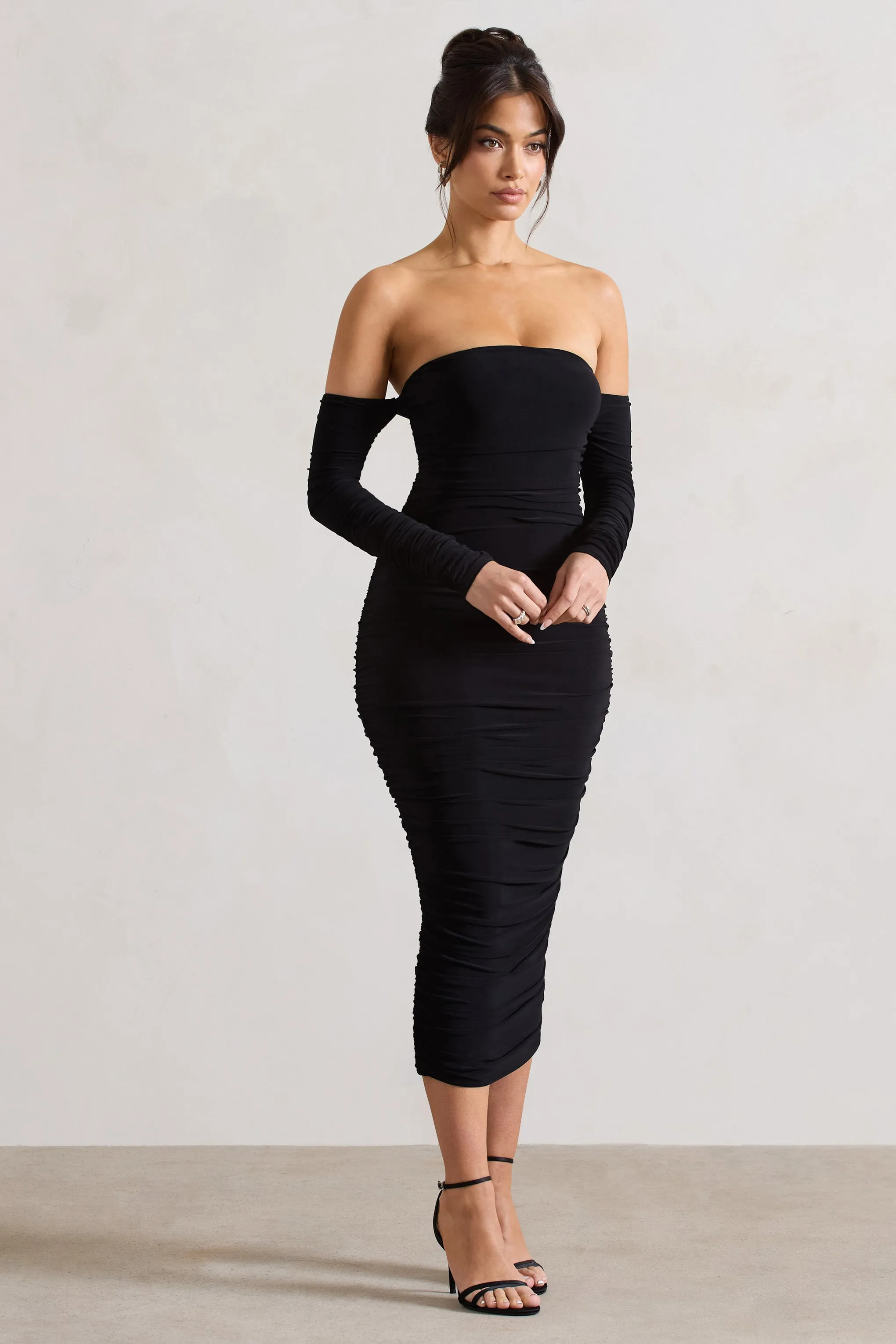 Anissa Black Ruched Bardot Midi Dress