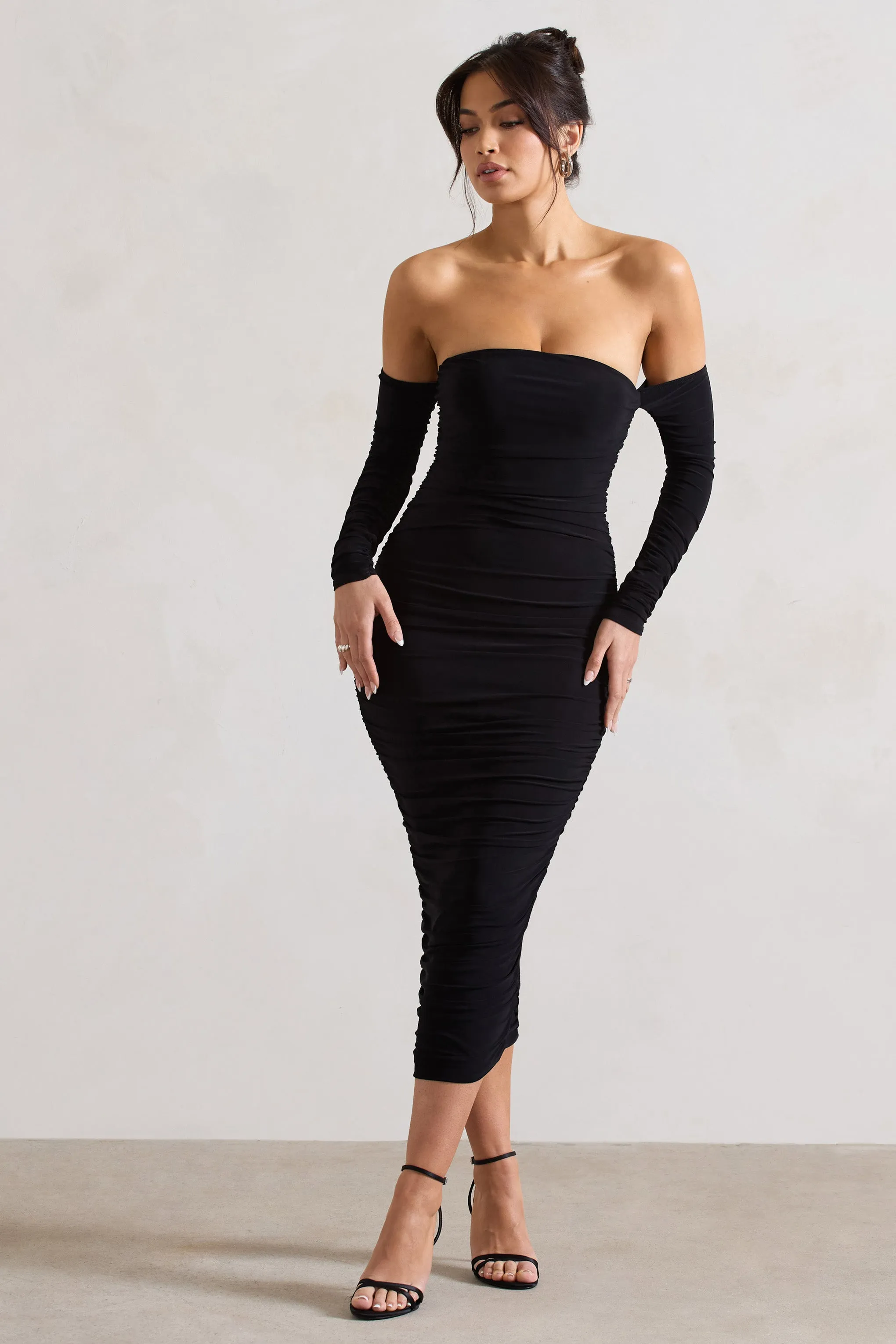 Anissa Black Ruched Bardot Midi Dress