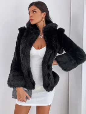 Black Stand Collar Winter Fur Coat - Eco-friendly