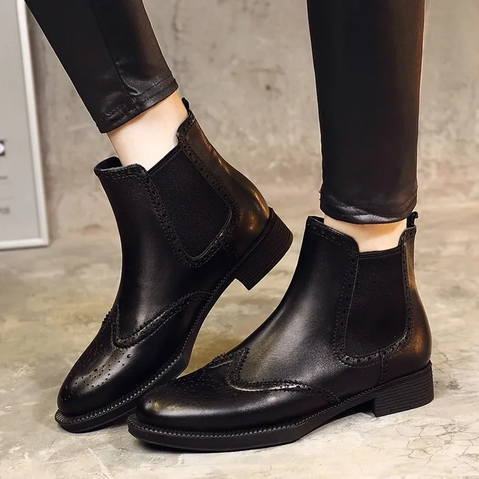 Black Vintage Leather Chelsea Ankle Boots Flats Shoes