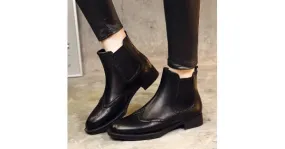 Black Vintage Leather Chelsea Ankle Boots Flats Shoes