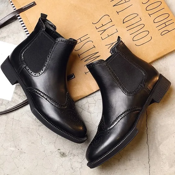 Black Vintage Leather Chelsea Ankle Boots Flats Shoes