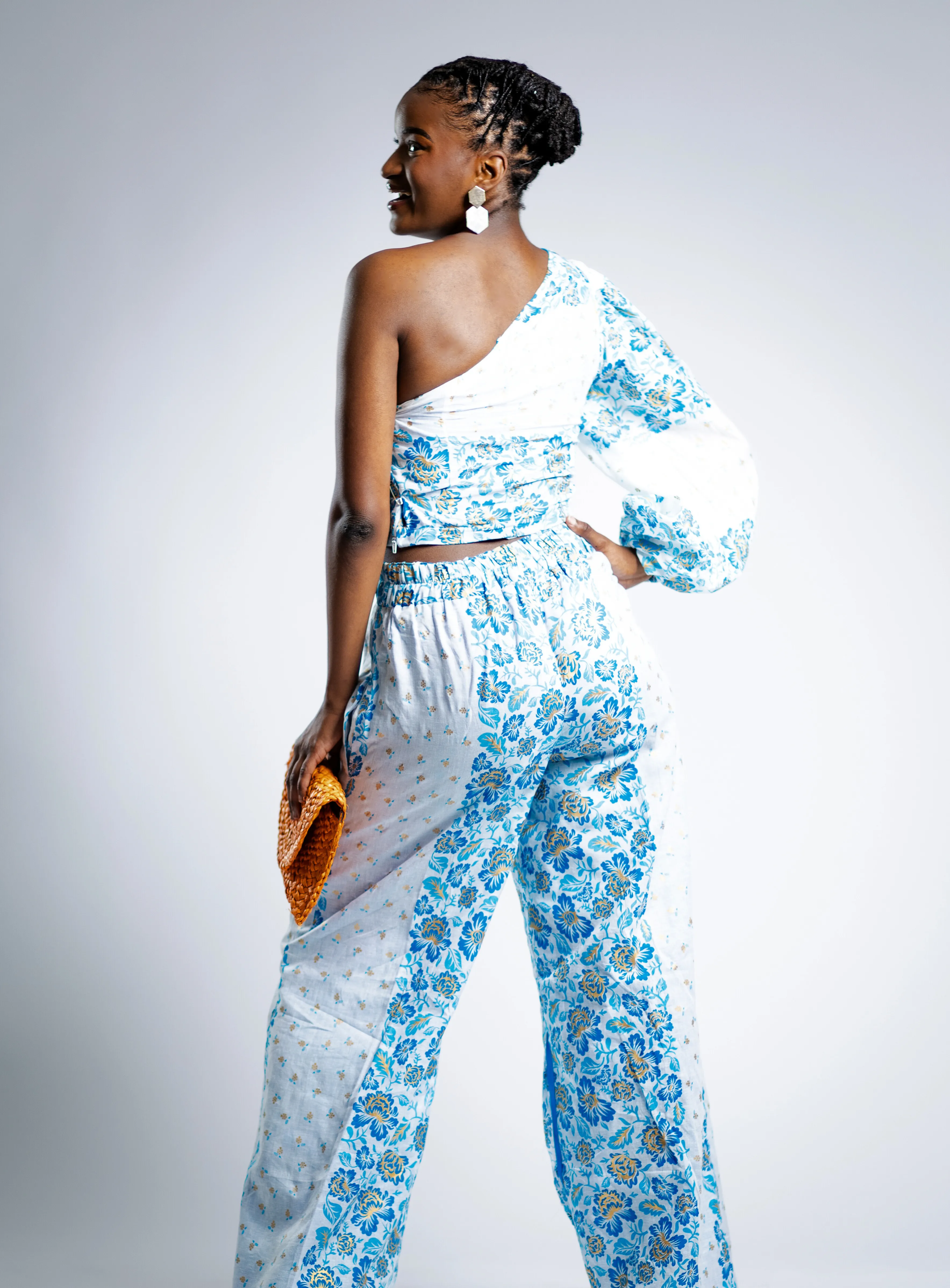 Floral Two-Piece Set: One Shoulder Top with Wide Leg Pants