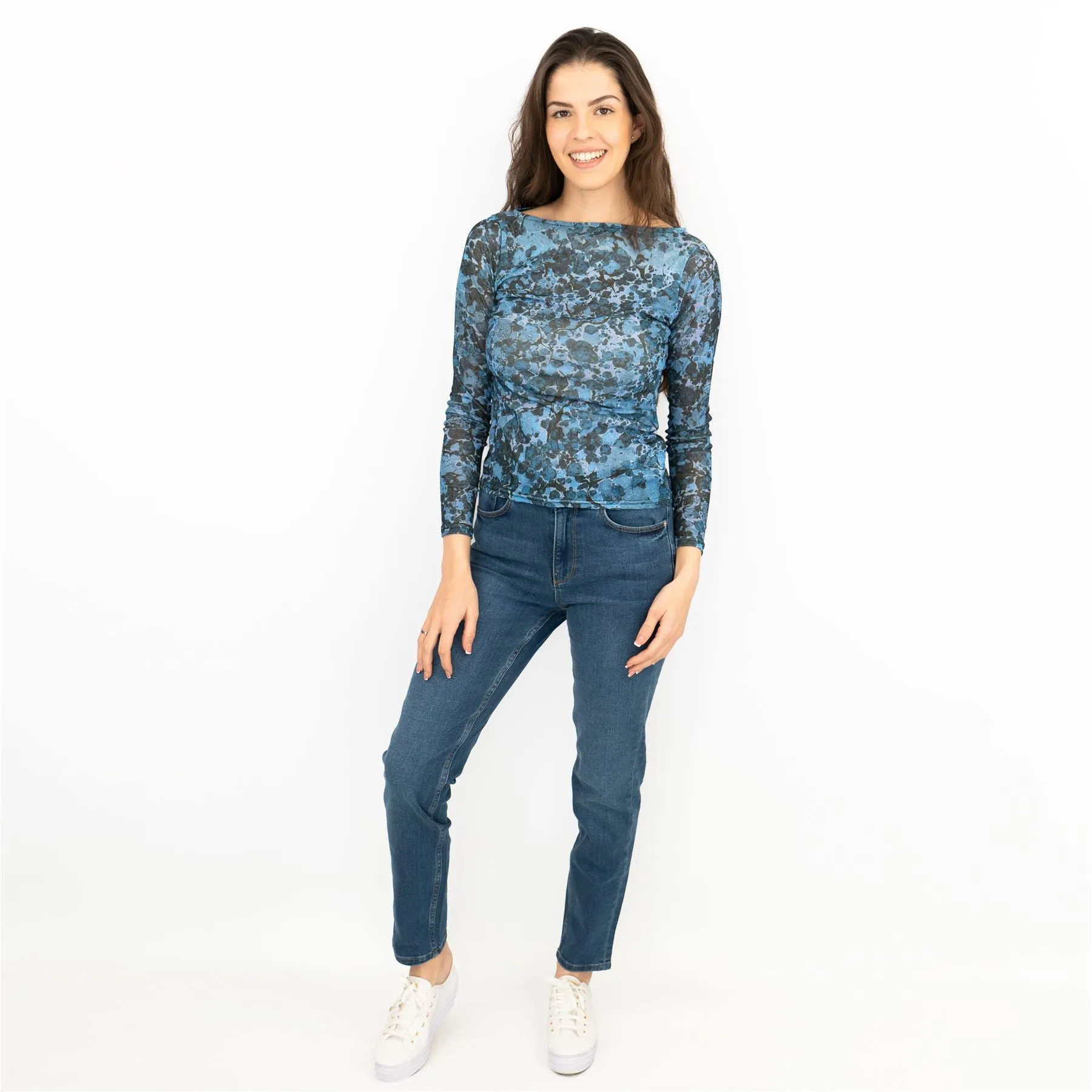 Blue Floral Boat Neck Mesh Top Long Sleeve