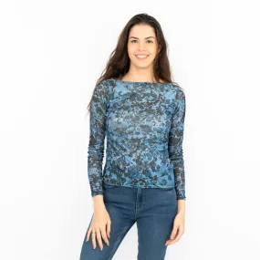 Blue Floral Boat Neck Mesh Top Long Sleeve