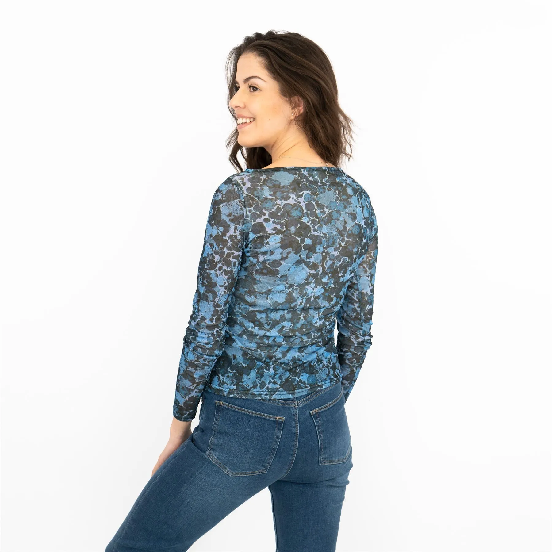 Blue Floral Boat Neck Mesh Top Long Sleeve