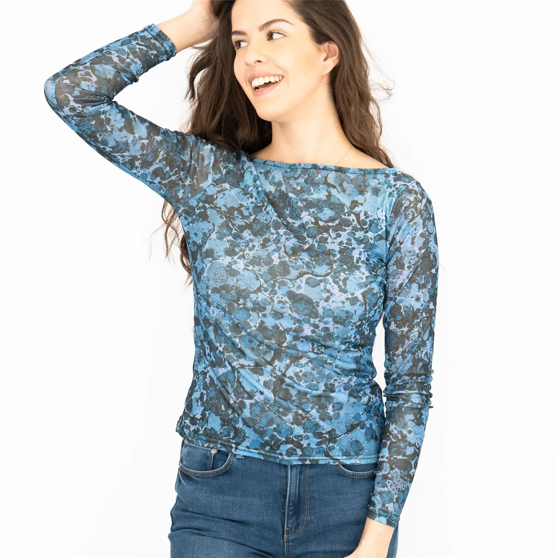 Blue Floral Boat Neck Mesh Top Long Sleeve