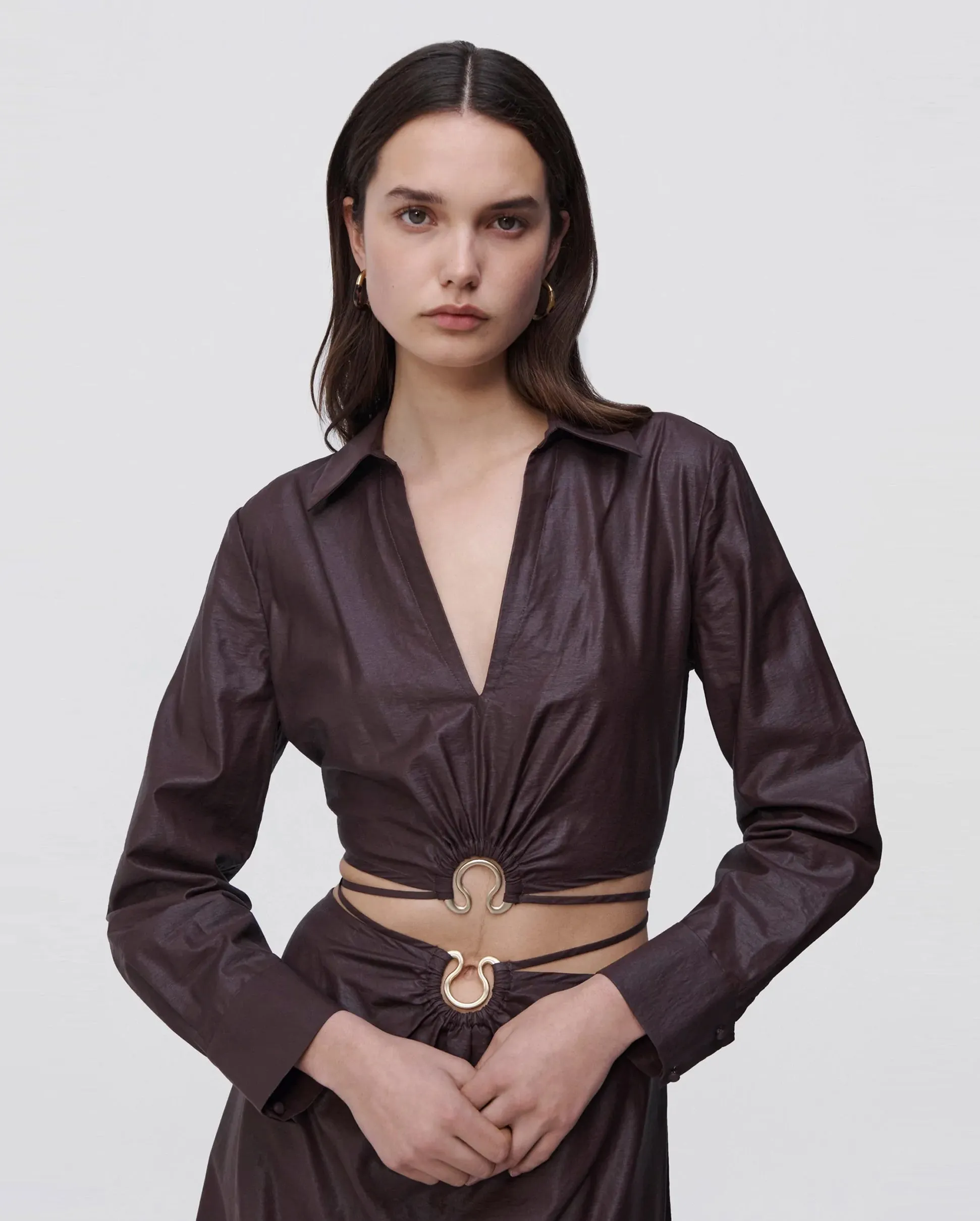 BRESLIN Coated Satin Crop Top in Dark Chocolate