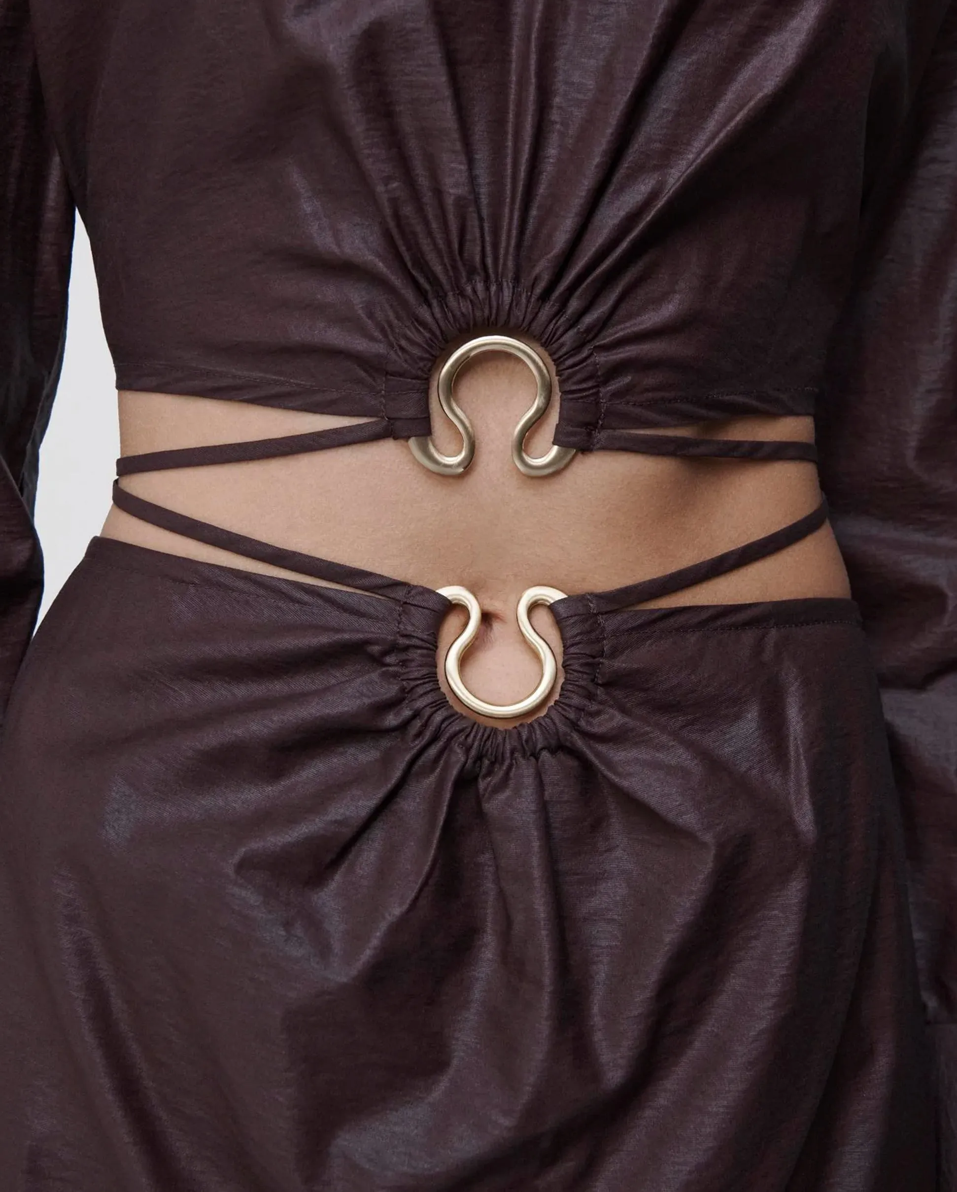 BRESLIN Coated Satin Crop Top in Dark Chocolate