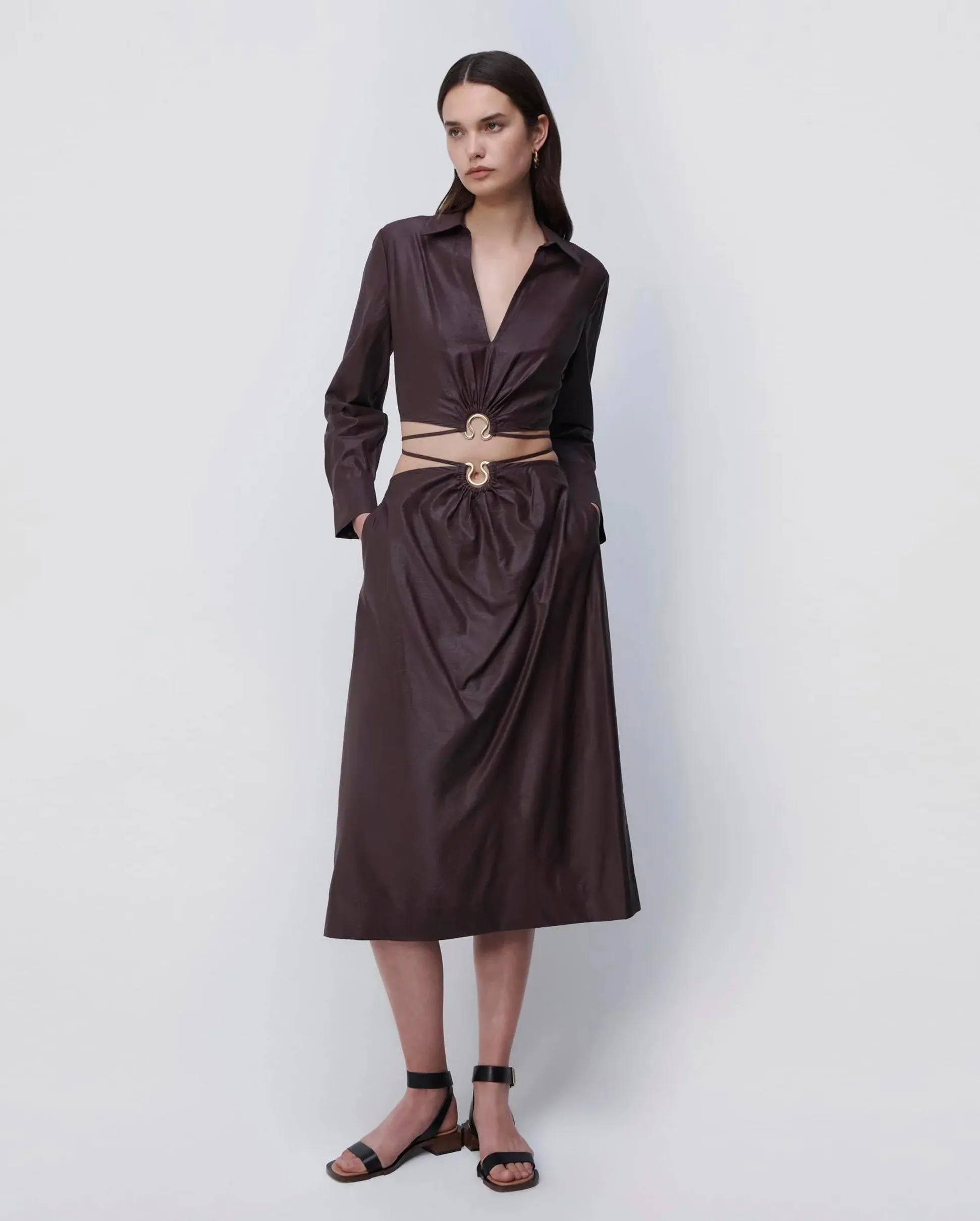 BRESLIN Coated Satin Crop Top in Dark Chocolate