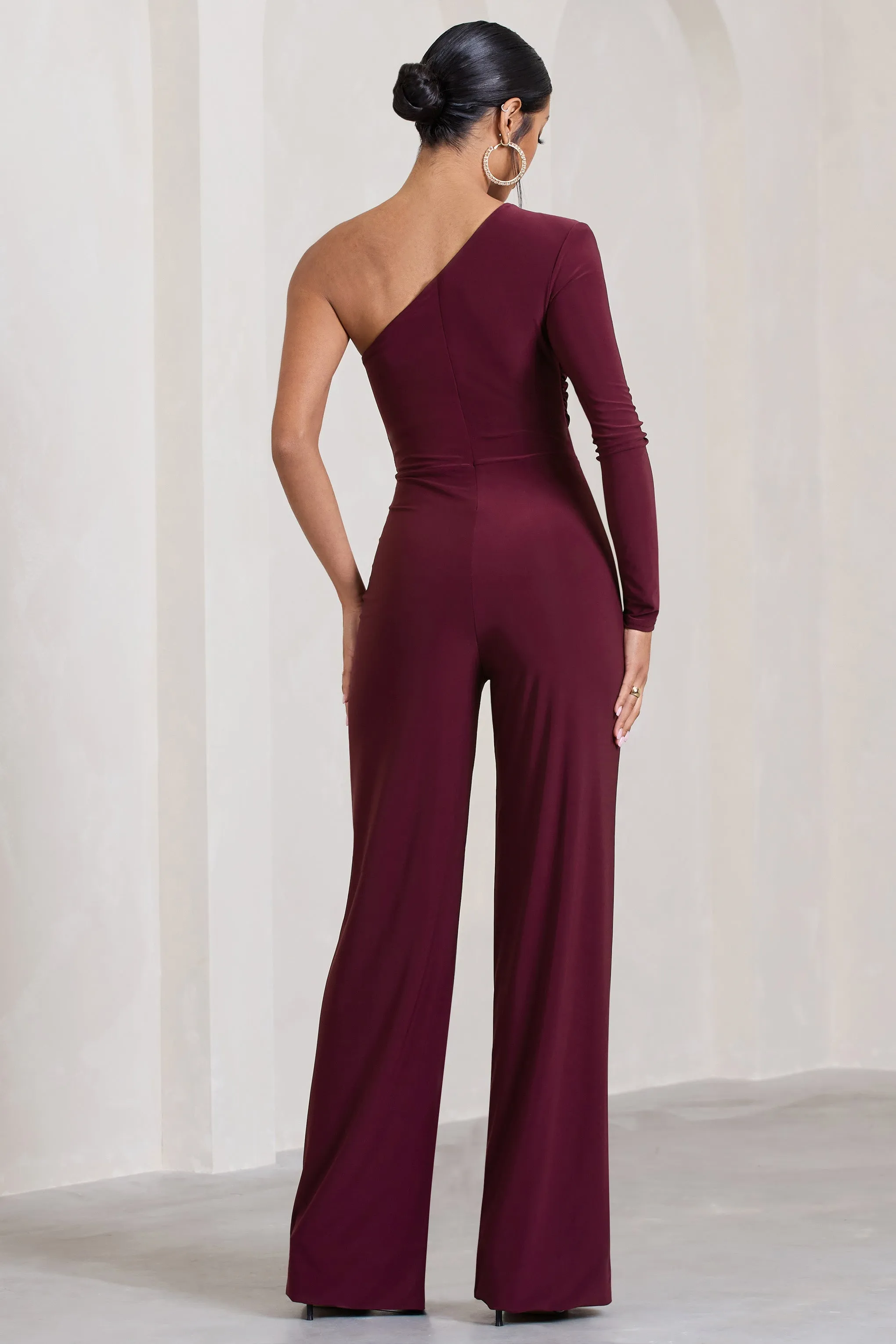 Burgundy One Shoulder Ruched Wide Leg Jumpsuit