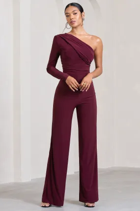 Burgundy One Shoulder Ruched Wide Leg Jumpsuit