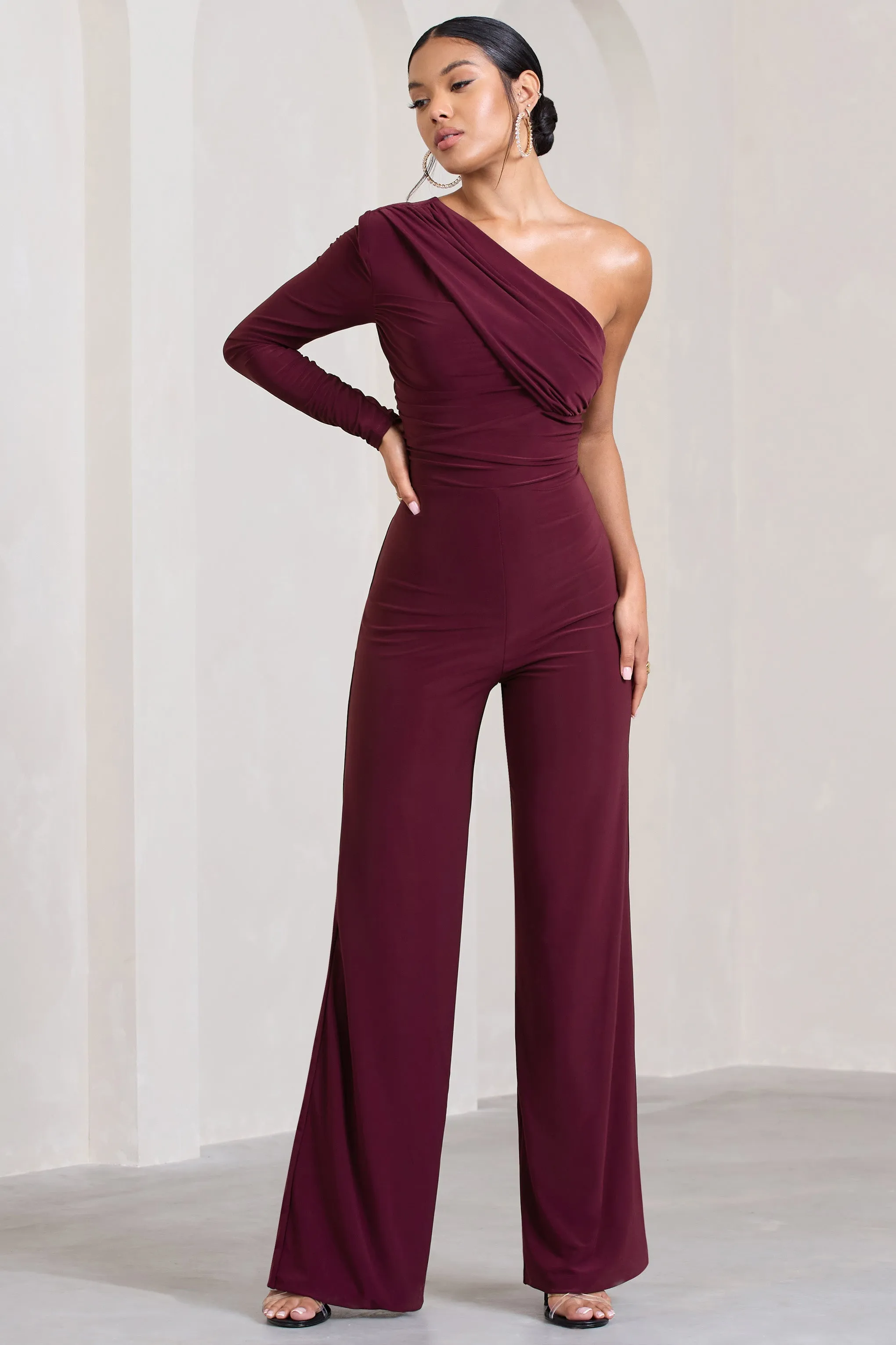 Burgundy One Shoulder Ruched Wide Leg Jumpsuit