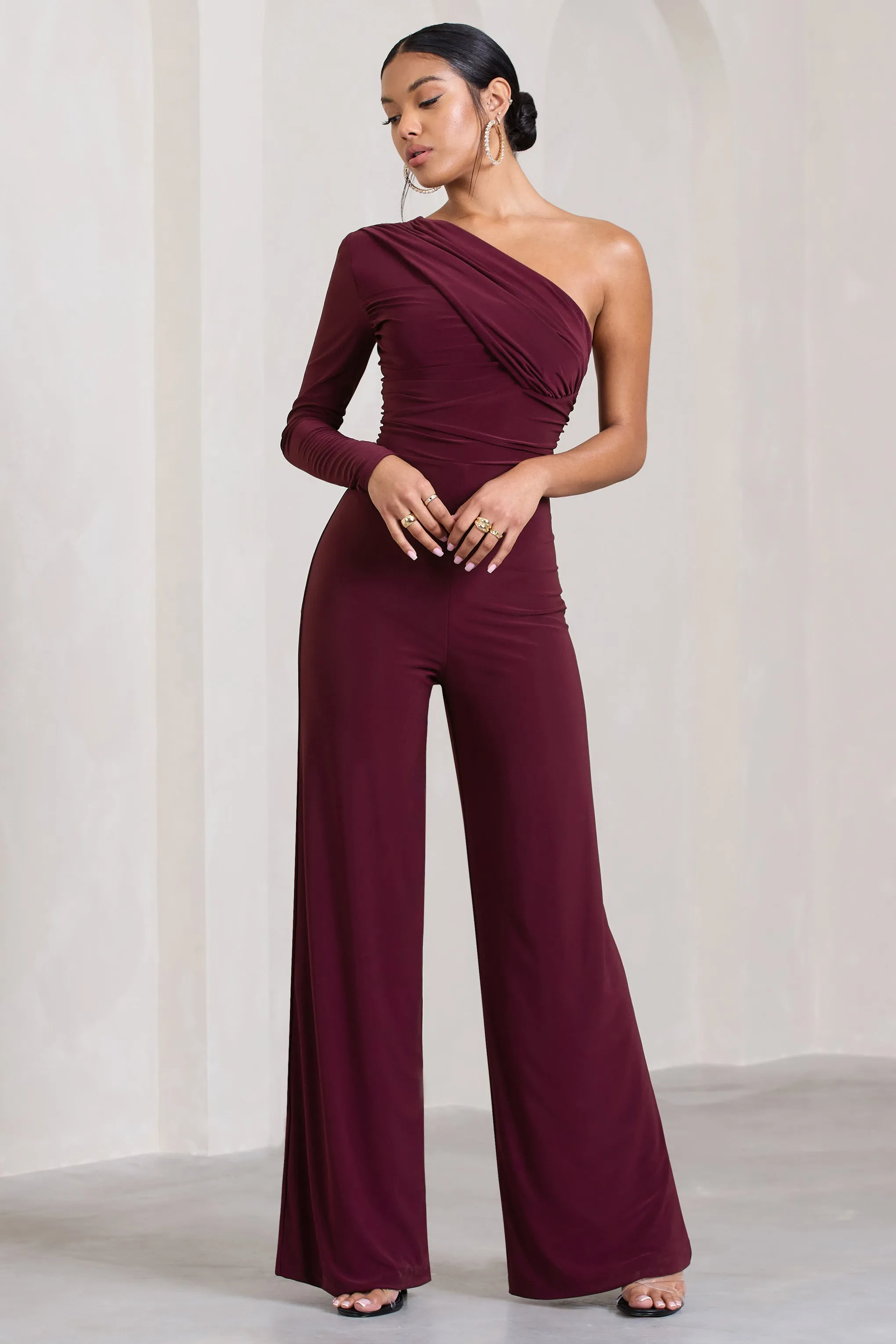 Burgundy One Shoulder Ruched Wide Leg Jumpsuit