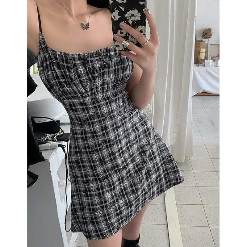 Butterfly Plaid Ruffles Slip Dresses for Women