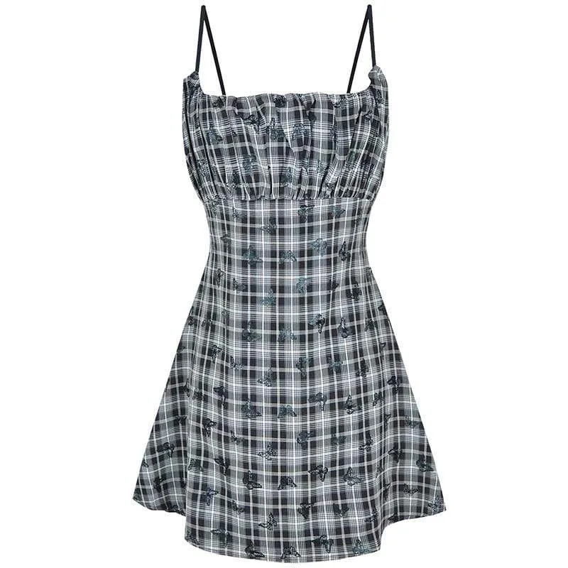 Butterfly Plaid Ruffles Slip Dresses for Women